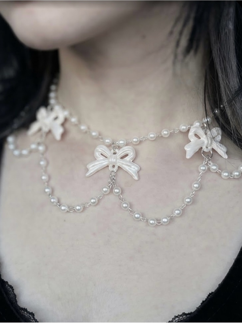 Hand Crafted White Pearl Bow Choker Necklace